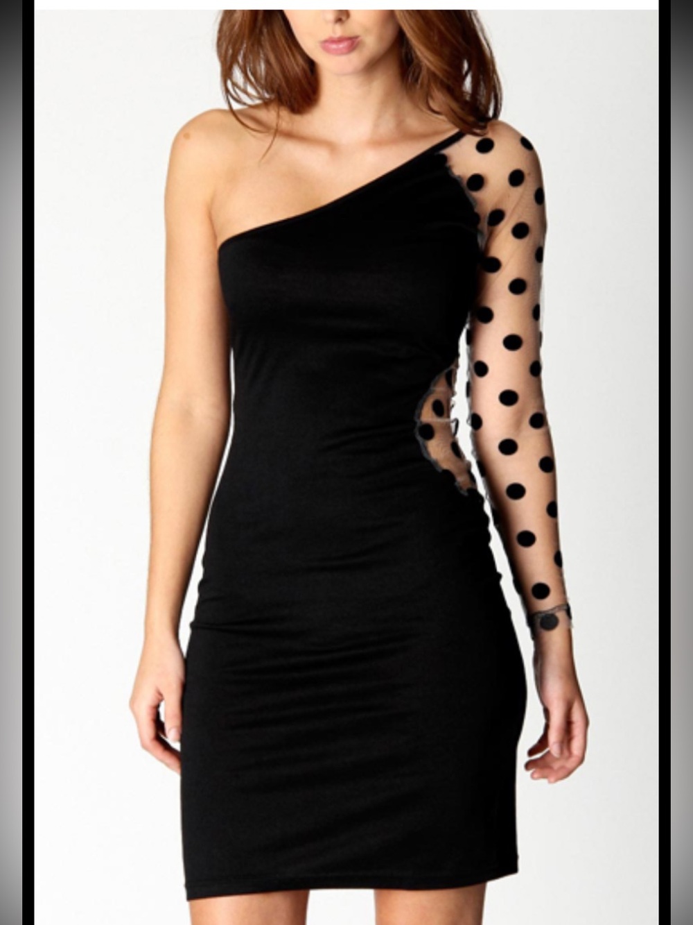 bebe Black One-Shoulder Dress with Polka Dot Sheer Sleeve